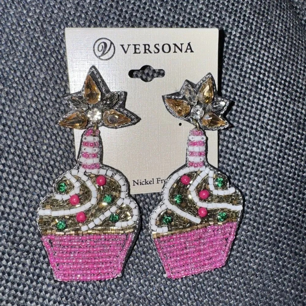 Versona Cupcake Earrings Womens OS Pink Beaded Rhinestone Statement Drop Novelty